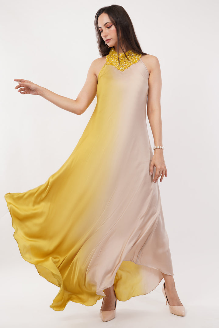Elegant Pure Satin Crepe long gown with hand embroidery