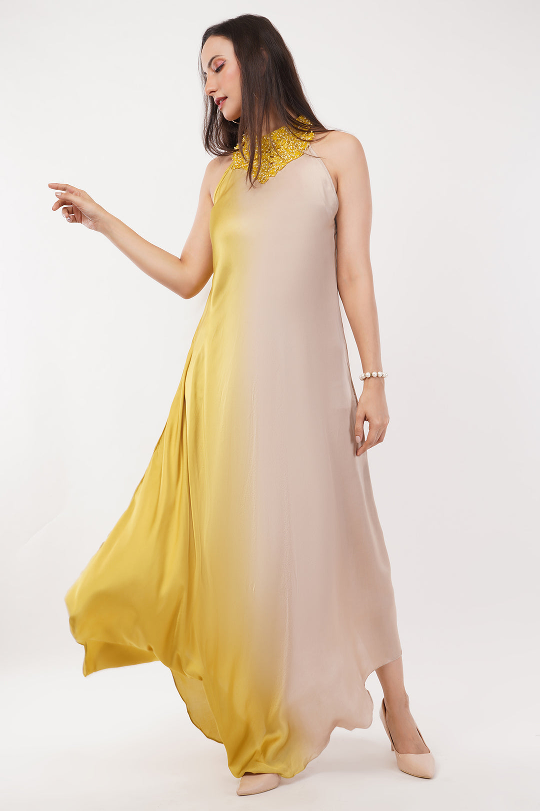 Elegant Pure Satin Crepe long gown with hand embroidery