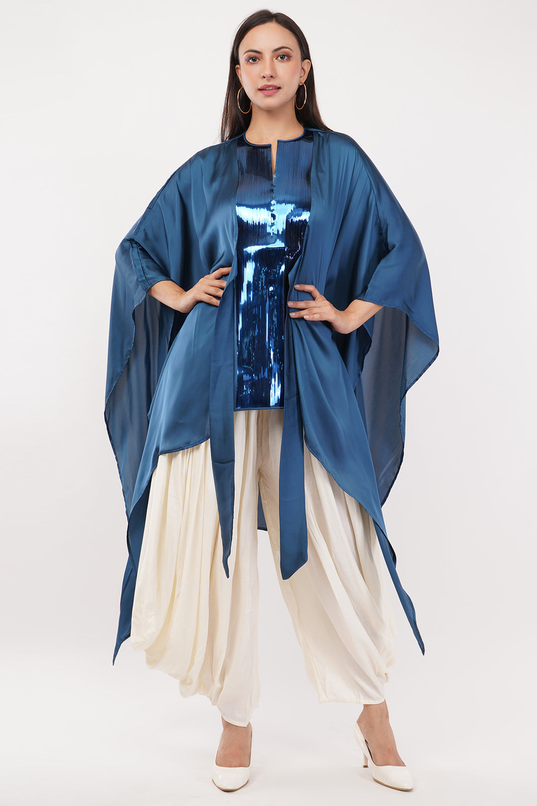 Luxury Satin Crepe kaftan style top (Blue) Free Size