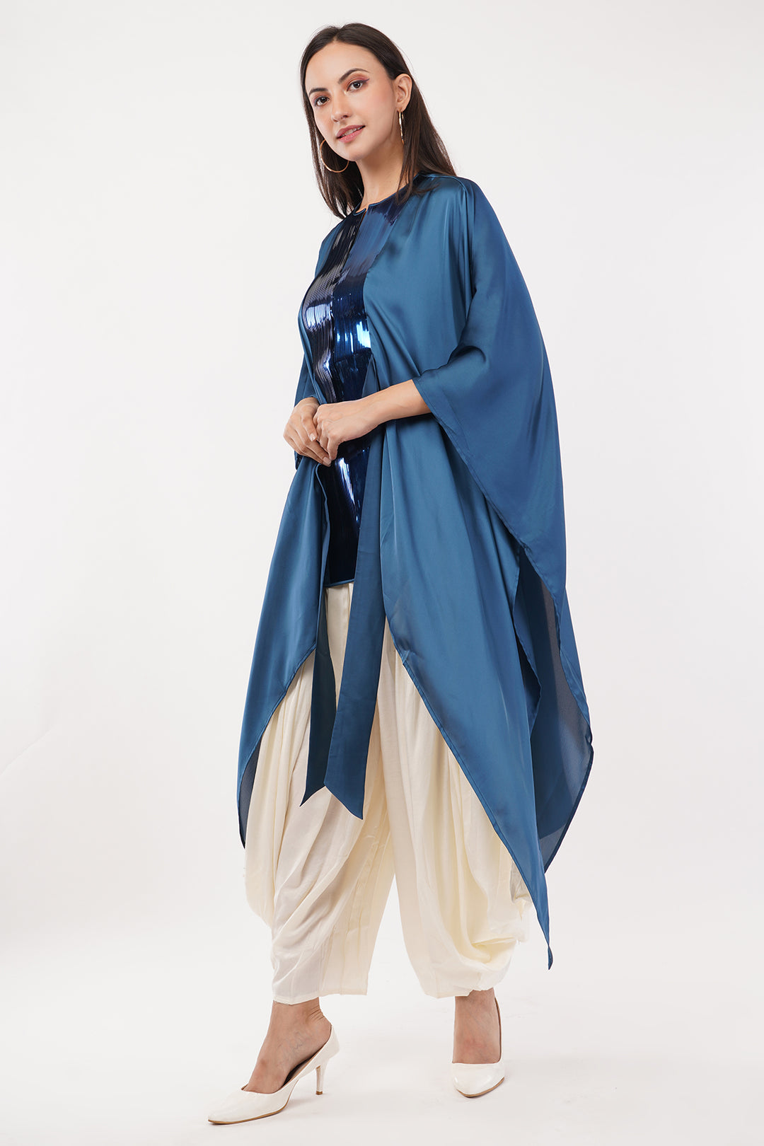 Luxury Satin Crepe kaftan style top (Blue) Free Size