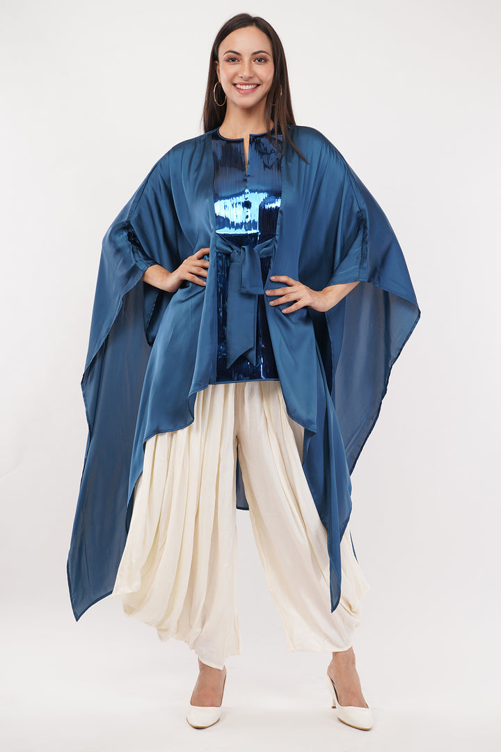 Luxury Satin Crepe kaftan style top (Blue) Free Size