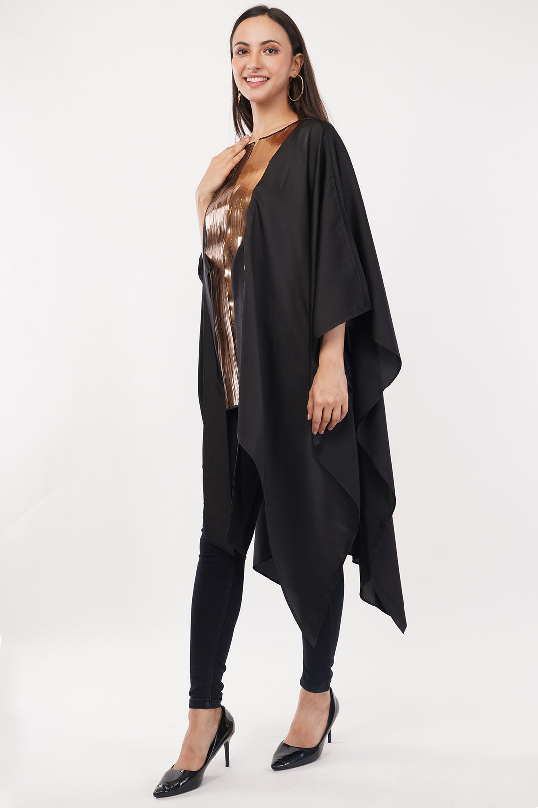 Luxury Satin Crepe kaftan style top (Black) Free Size