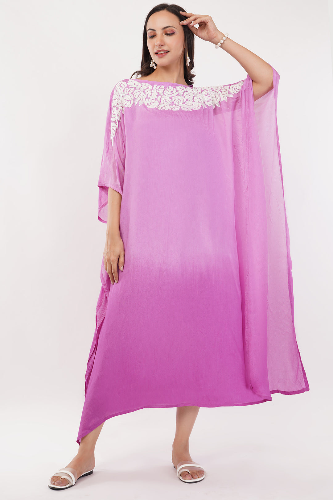 Pure chinon designer kaftan style gown high low with seqince work