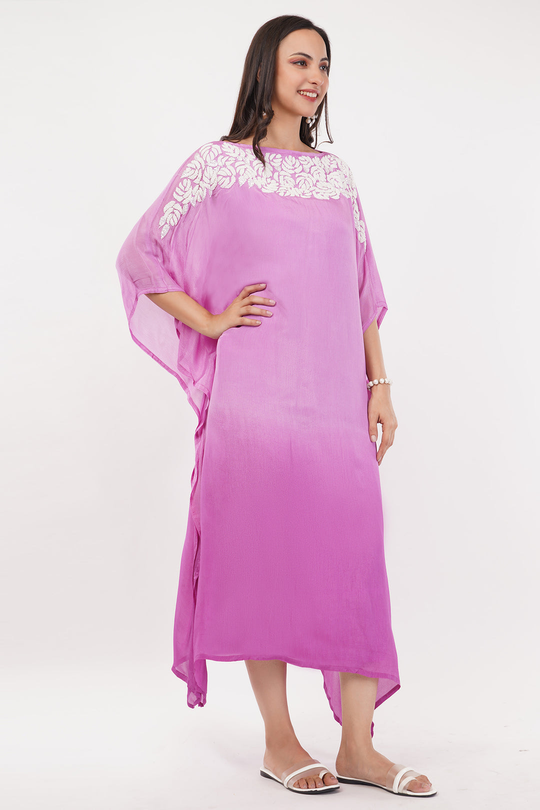 Pure chinon designer kaftan style gown high low with seqince work