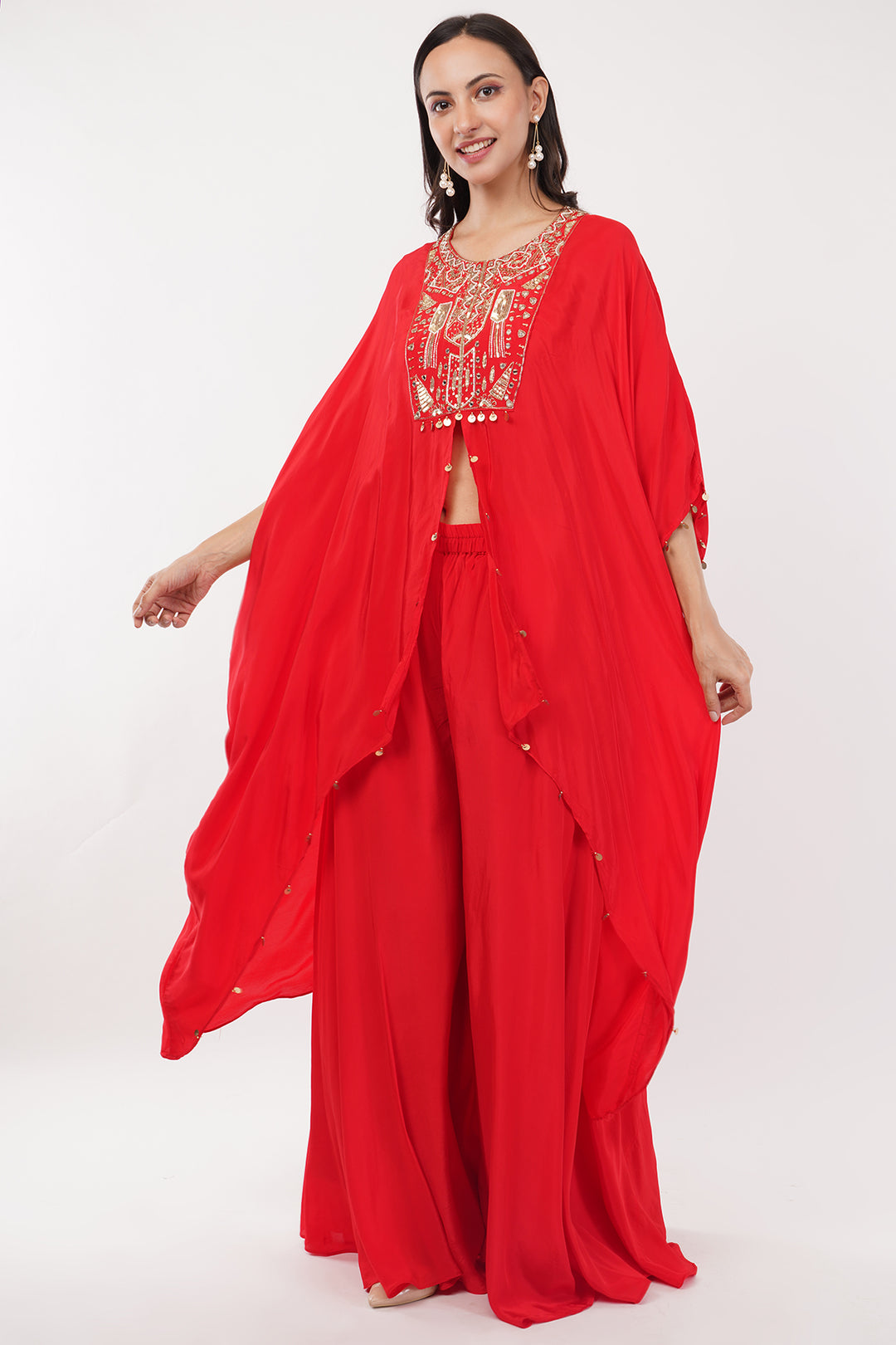 3 pcs  soft Crepe  kaftan tunic with palazzo skirt with gold hand work