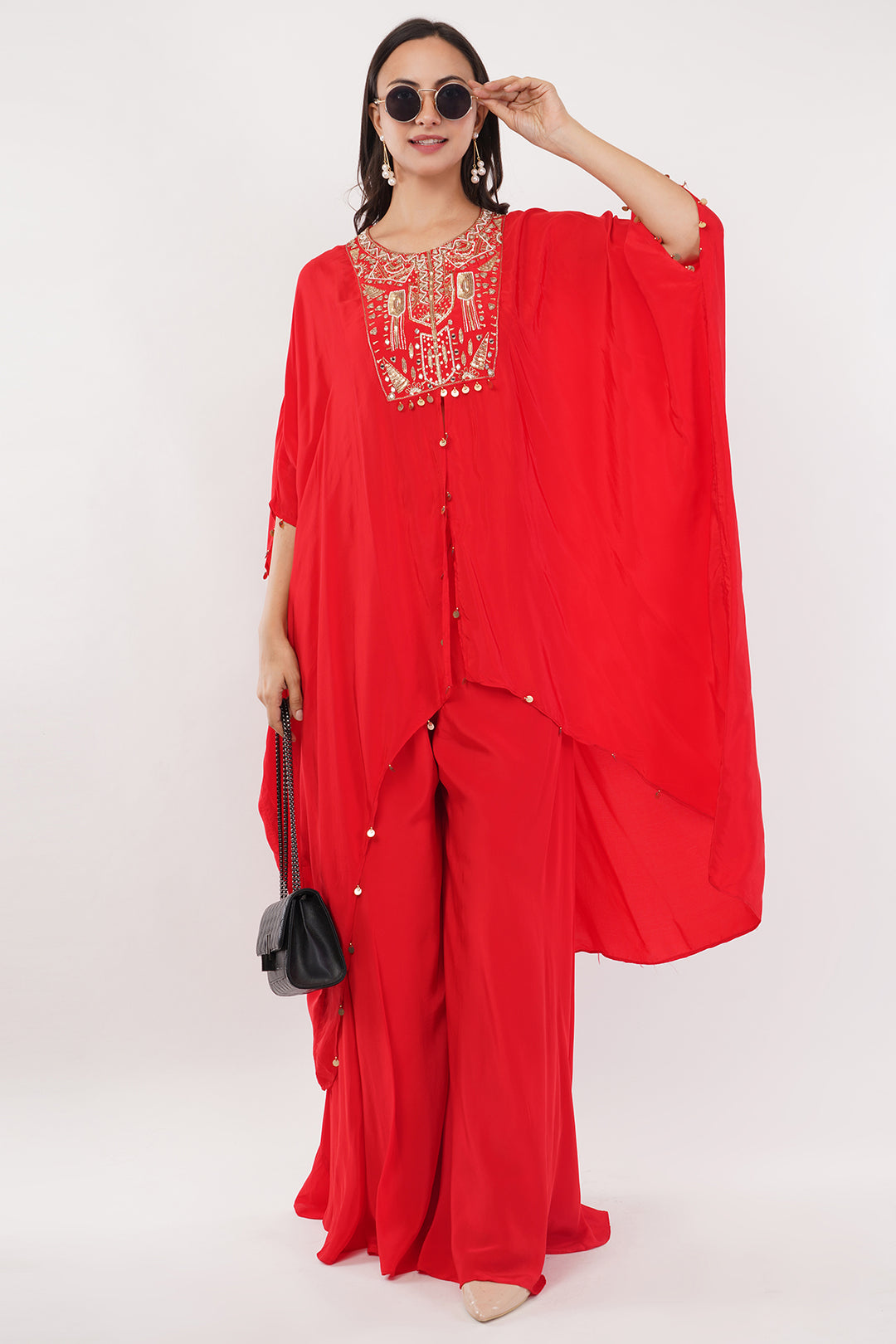 3 pcs  soft Crepe  kaftan tunic with palazzo skirt with gold hand work