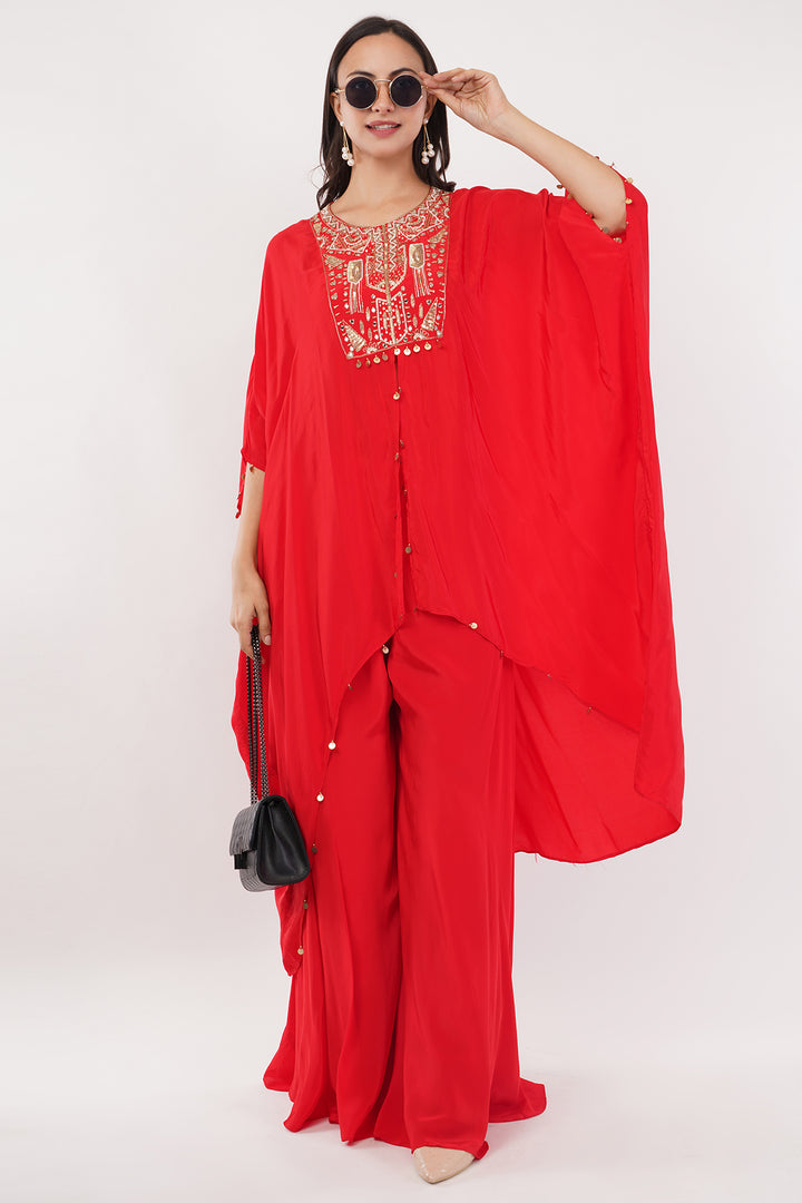 3 pcs  soft Crepe  kaftan tunic with palazzo skirt with gold hand work
