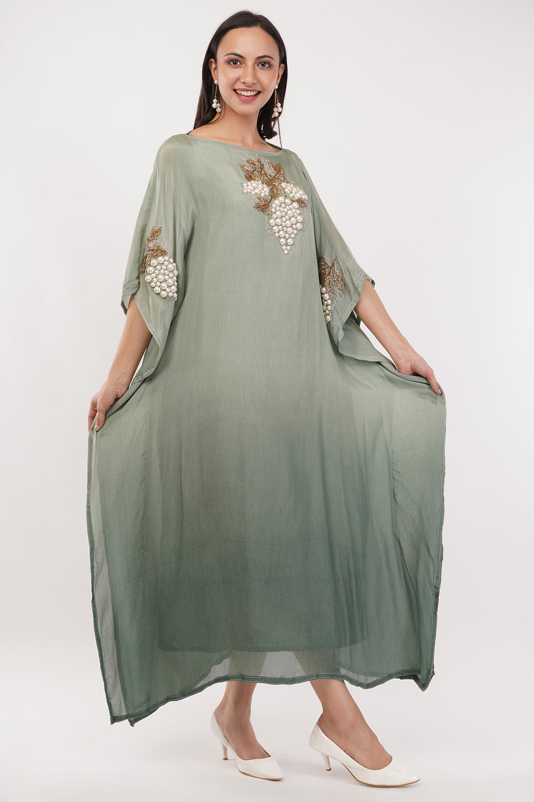 Pure chinnon Kaftan gown with pearl work