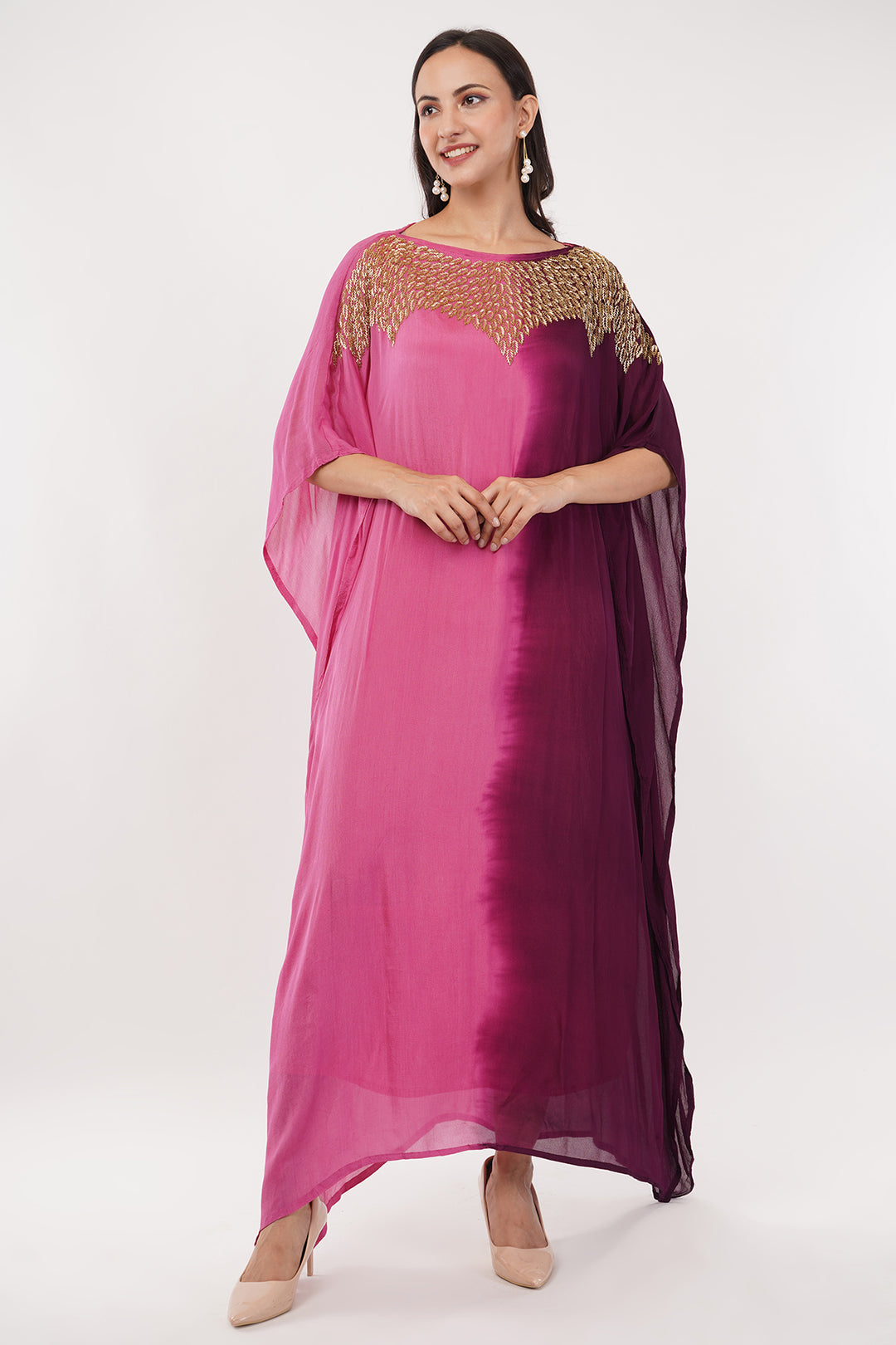 Pink Chiffon Kaftan with gold work