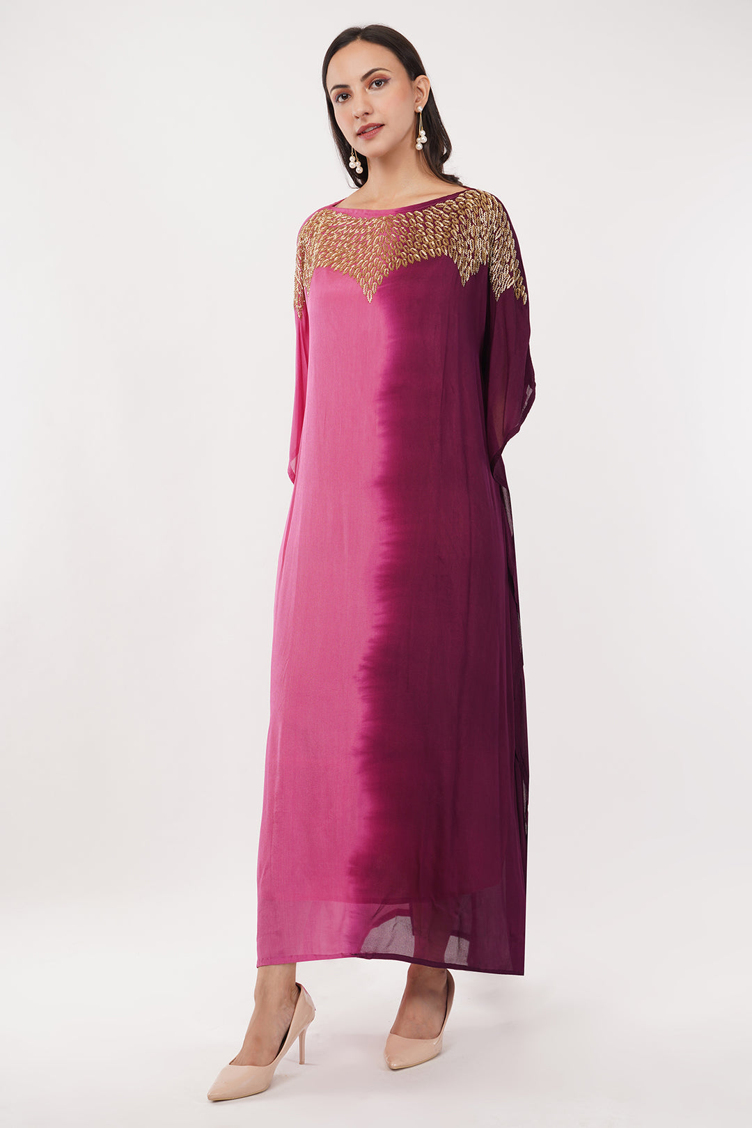 Pink Chiffon Kaftan with gold work