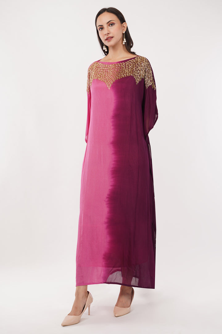 Pink Chiffon Kaftan with gold work