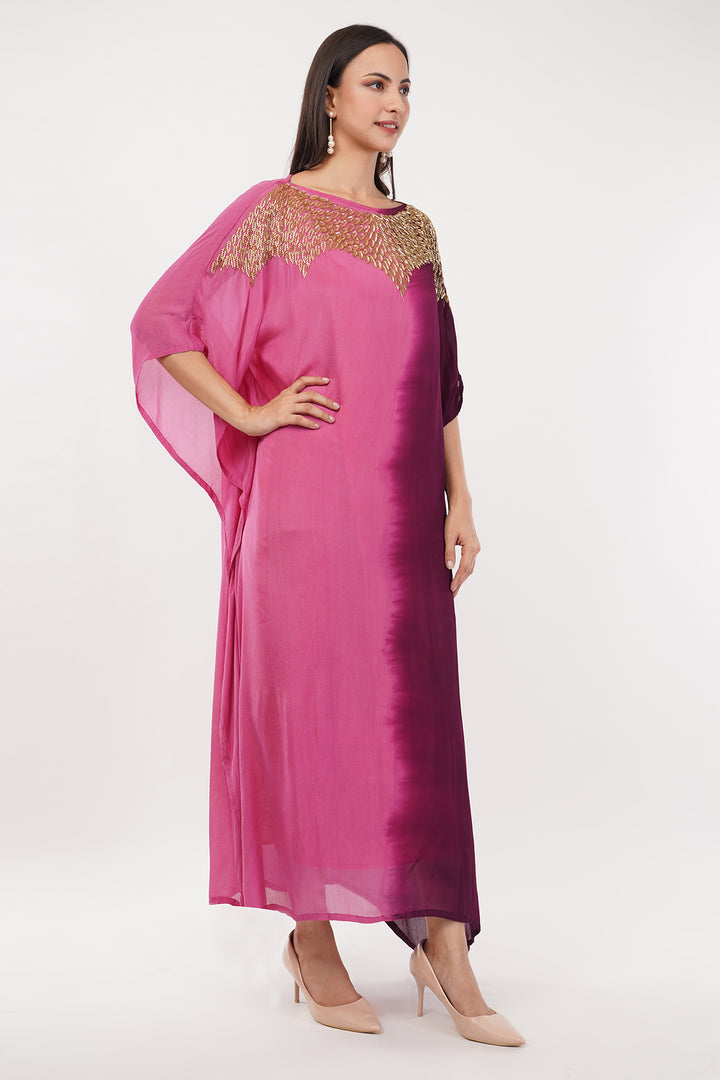 Pink Chiffon Kaftan with gold work