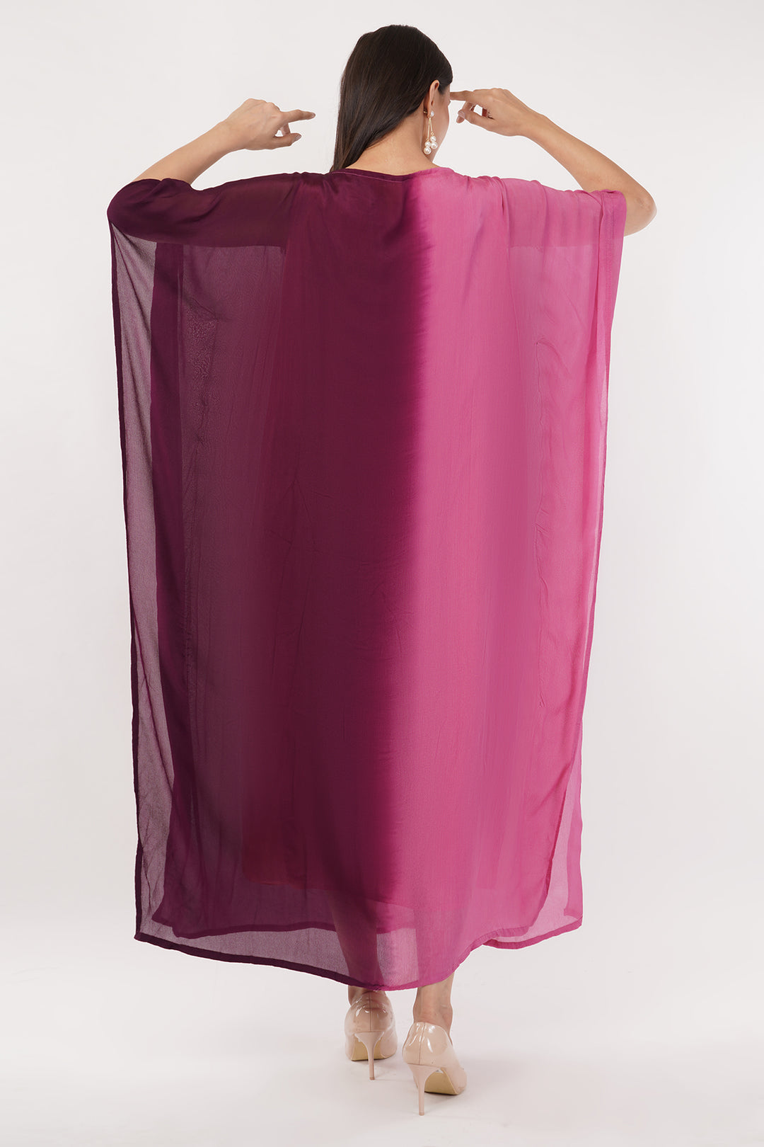 Pink Chiffon Kaftan with gold work