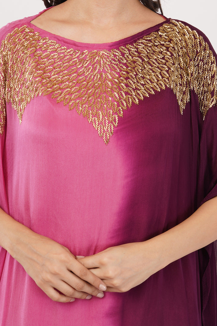 Pink Chiffon Kaftan with gold work