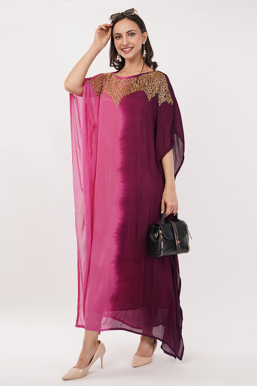 Pink Chiffon Kaftan with gold work