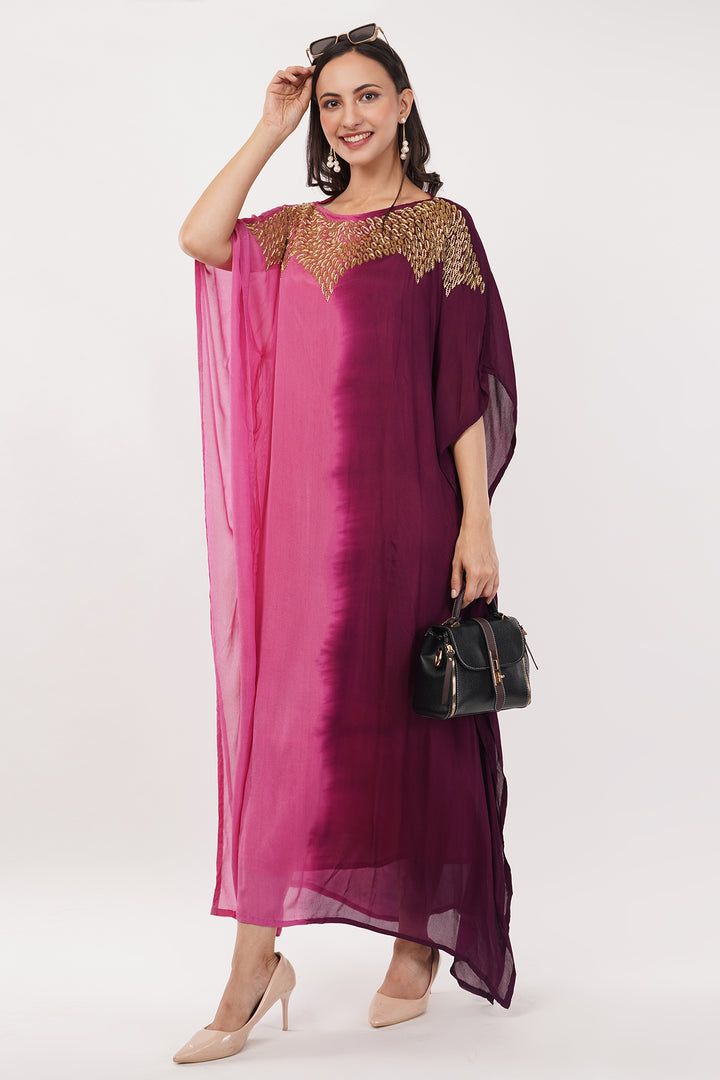 Pink Chiffon Kaftan with gold work