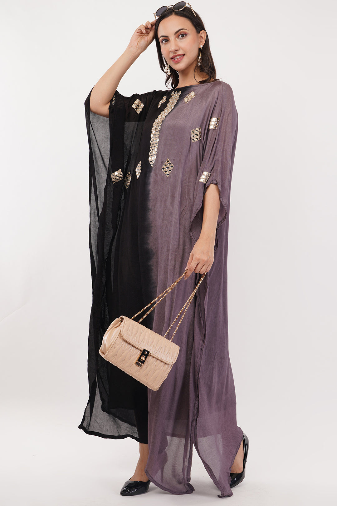 Chiffon mirror work kaftan long gown