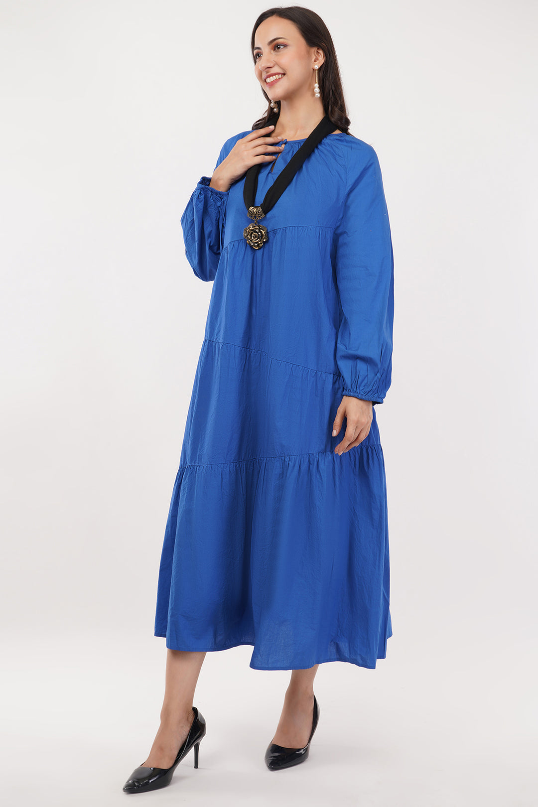 Blue Cotton Dress with accessory neckless