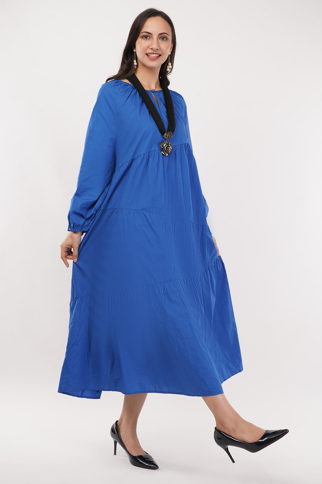 Blue Cotton Dress with accessory neckless
