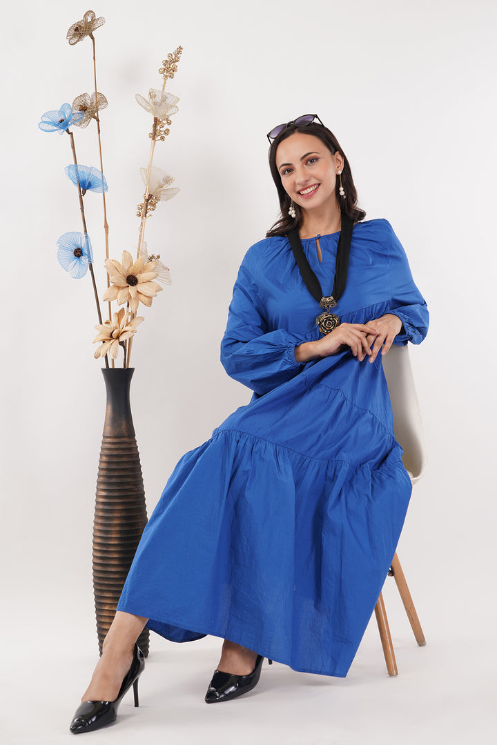 Blue Cotton Dress with accessory neckless