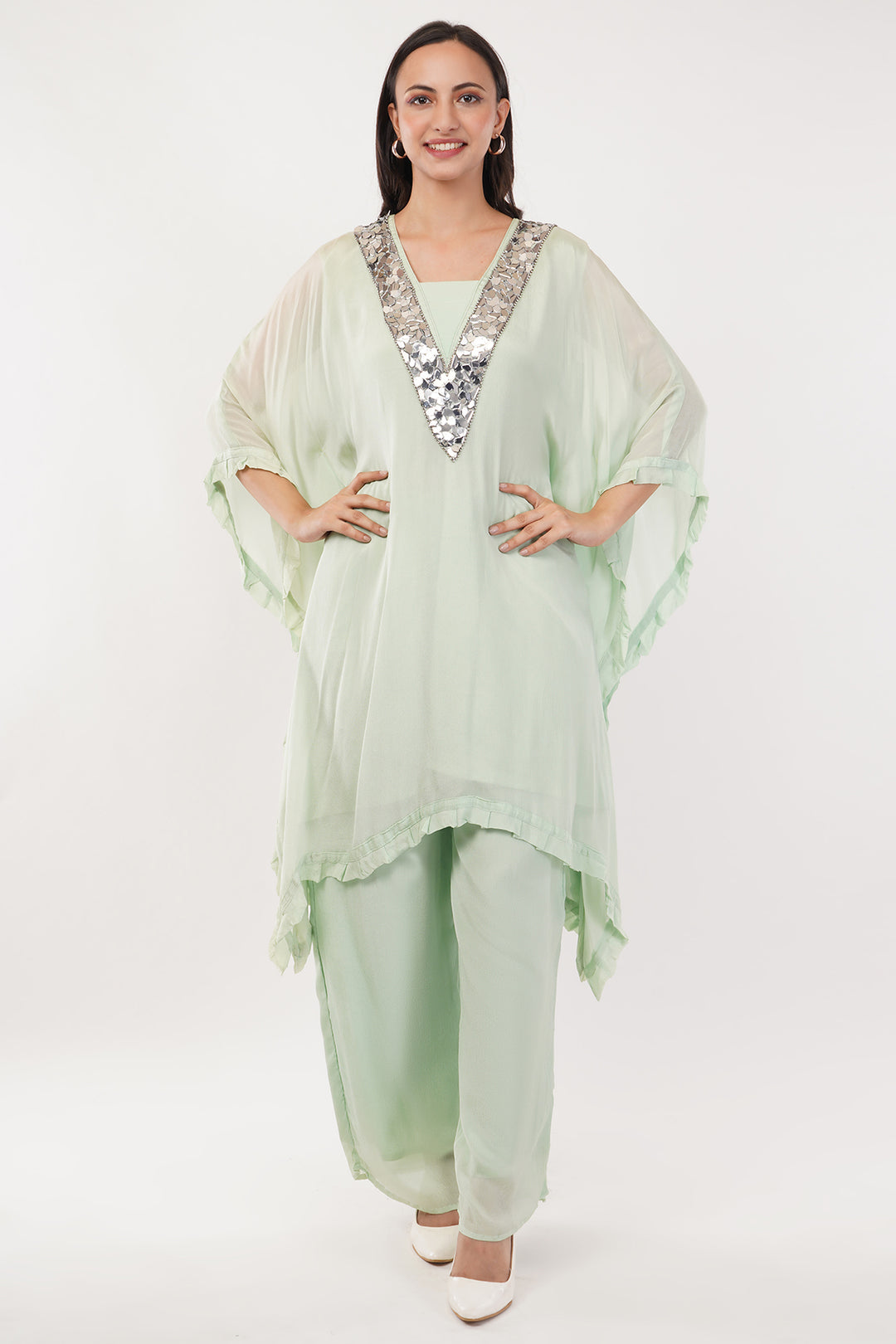 Pastel green chiffon kaftan pallazo with mirror work