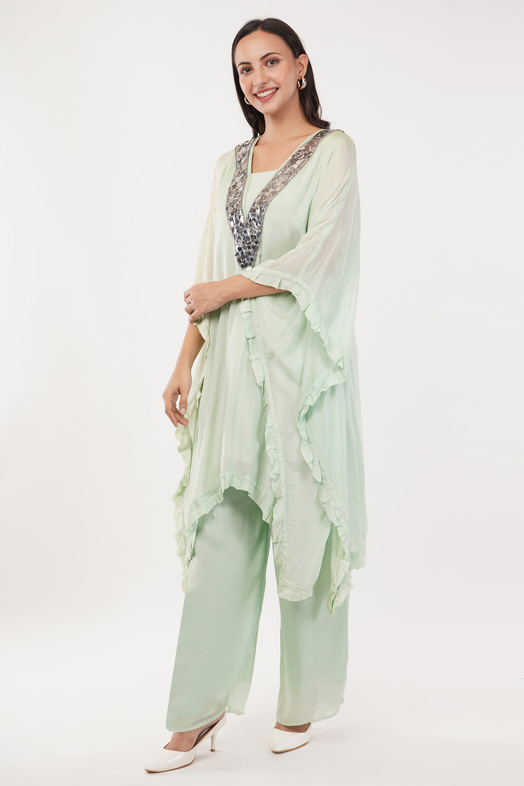Pastel green chiffon kaftan pallazo with mirror work