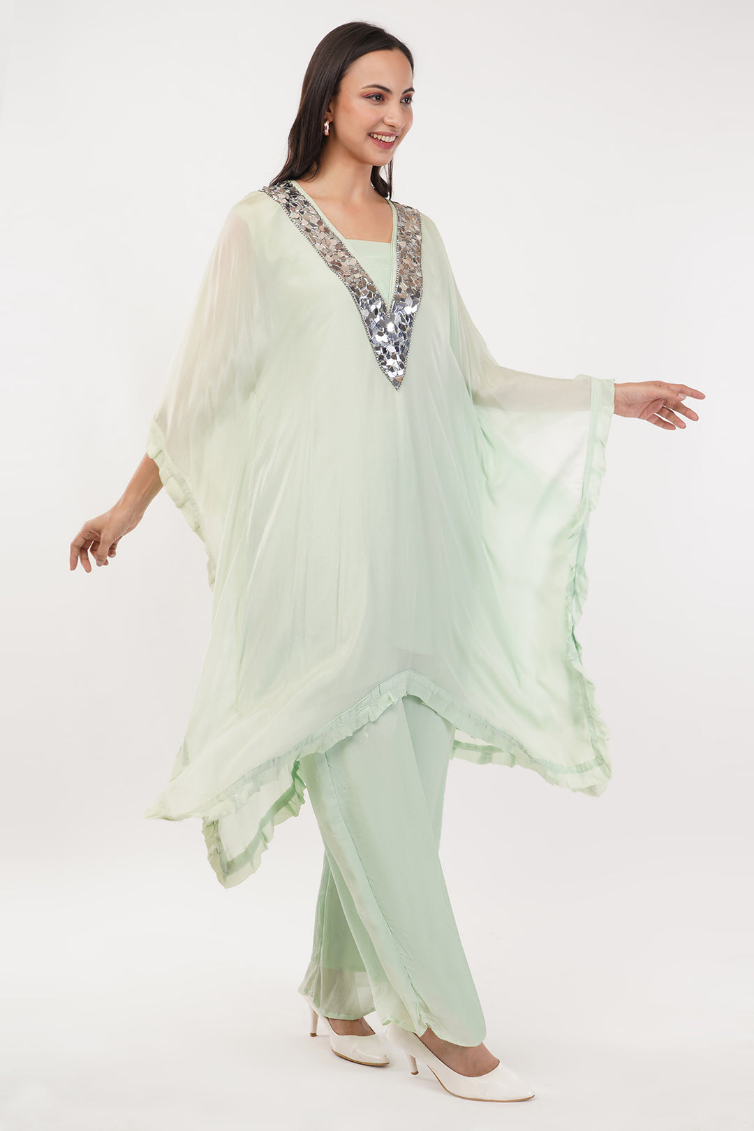 Pastel green chiffon kaftan pallazo with mirror work