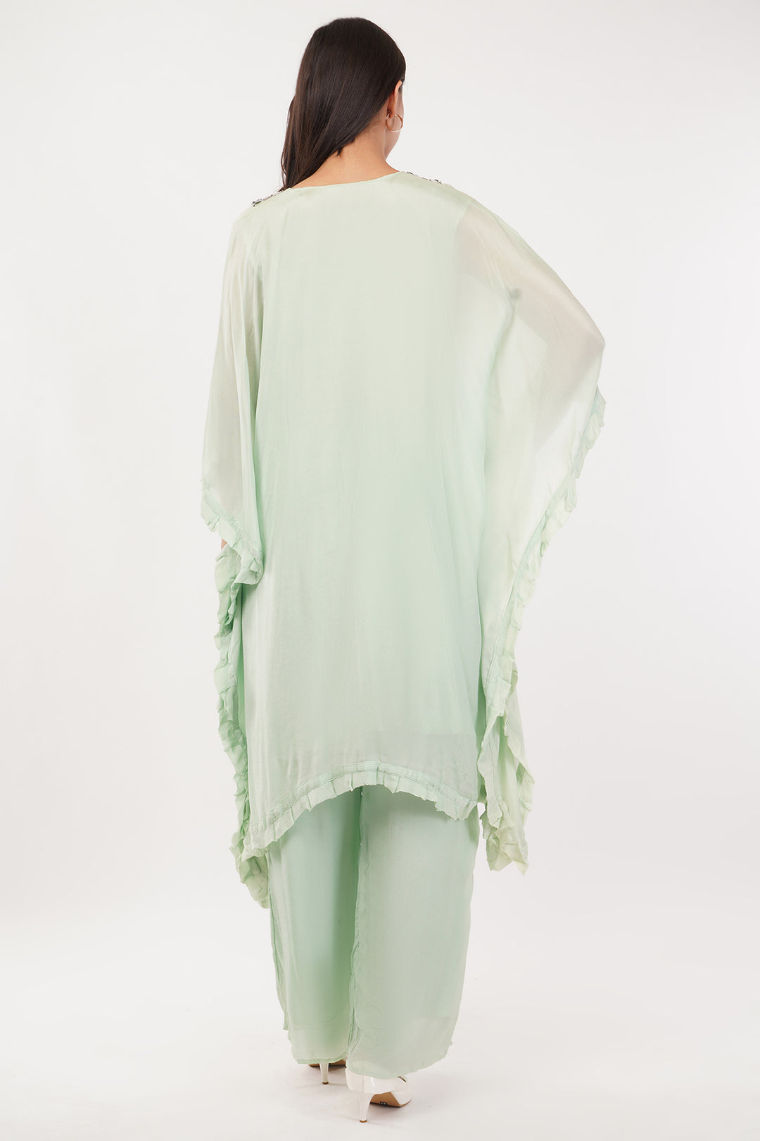 Pastel green chiffon kaftan pallazo with mirror work