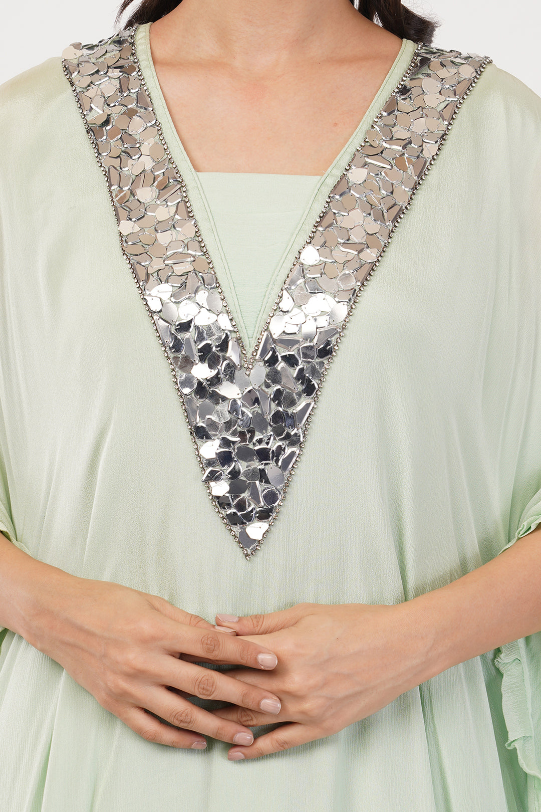 Pastel green chiffon kaftan pallazo with mirror work