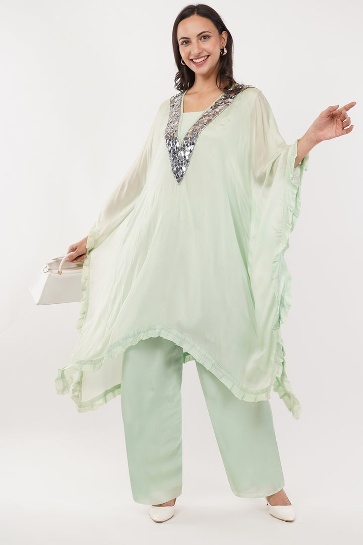 Pastel green chiffon kaftan pallazo with mirror work
