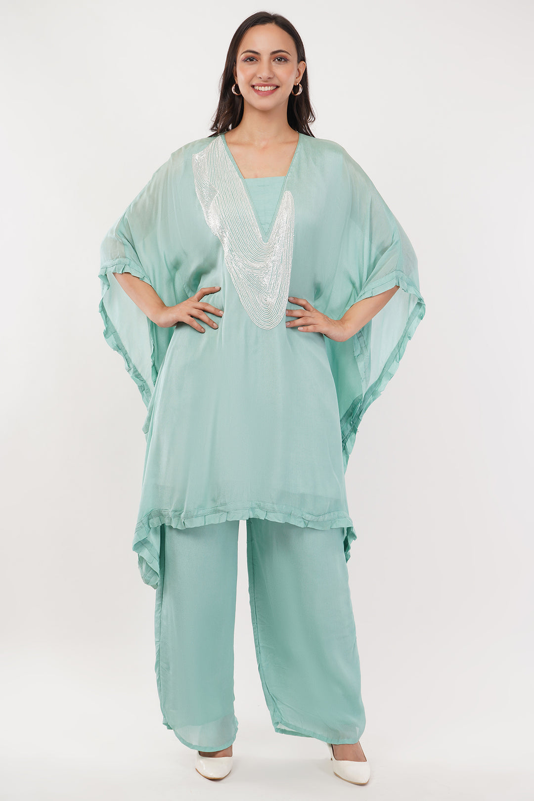 2 pcs pure georgette kaftan pallazo set Pista green with white sequence chain work