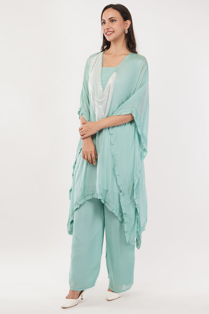2 pcs pure georgette kaftan pallazo set Pista green with white sequence chain work