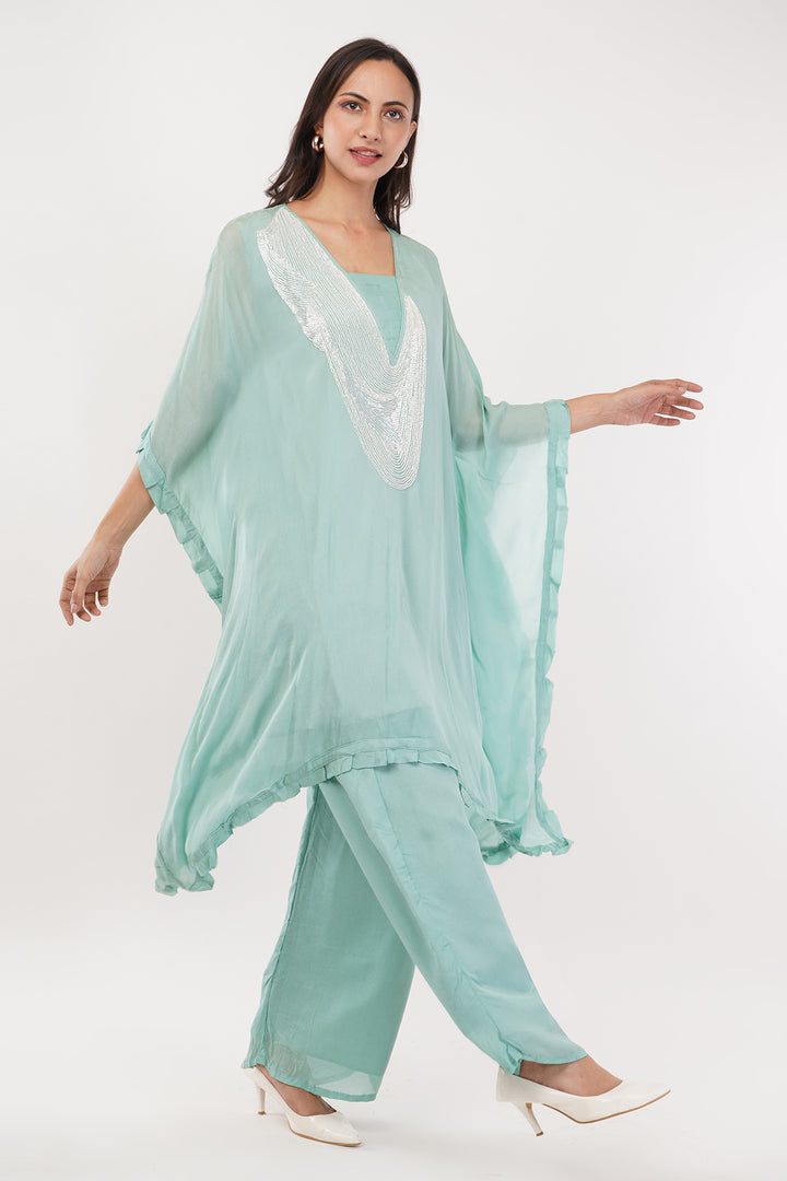 2 pcs pure georgette kaftan pallazo set Pista green with white sequence chain work