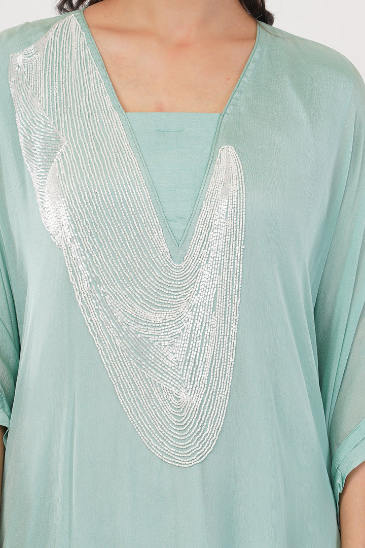2 pcs pure georgette kaftan pallazo set Pista green with white sequence chain work