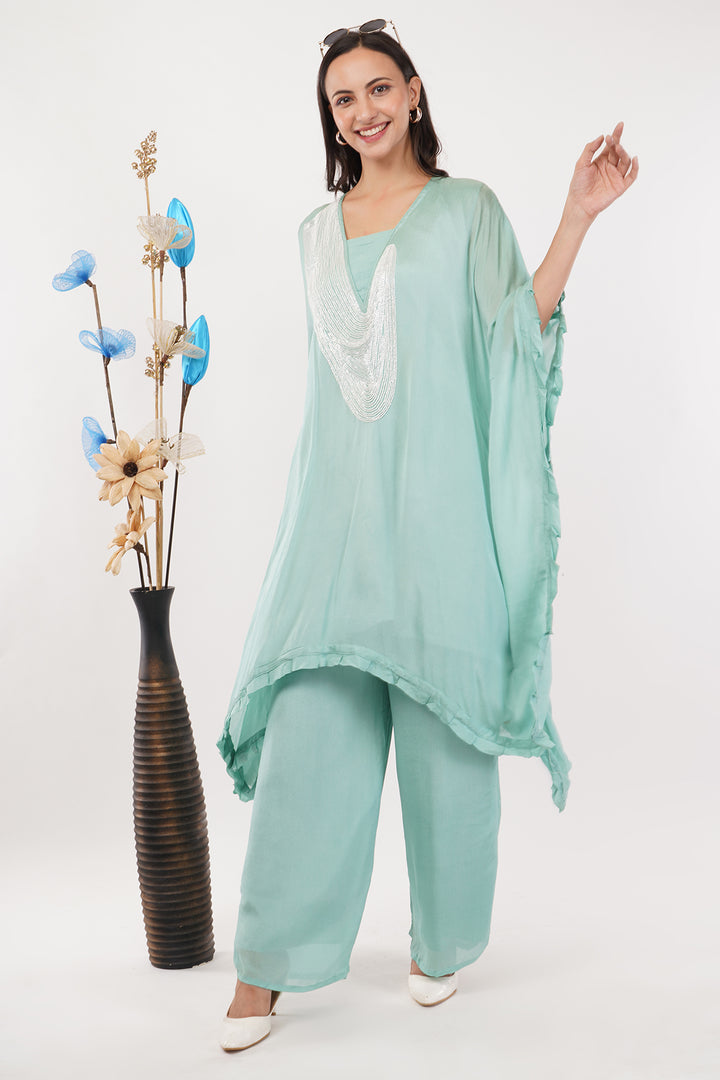 2 pcs pure georgette kaftan pallazo set Pista green with white sequence chain work