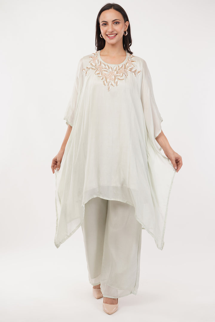 Pastel Green chiffon kaftan pallazo with peach handwork
