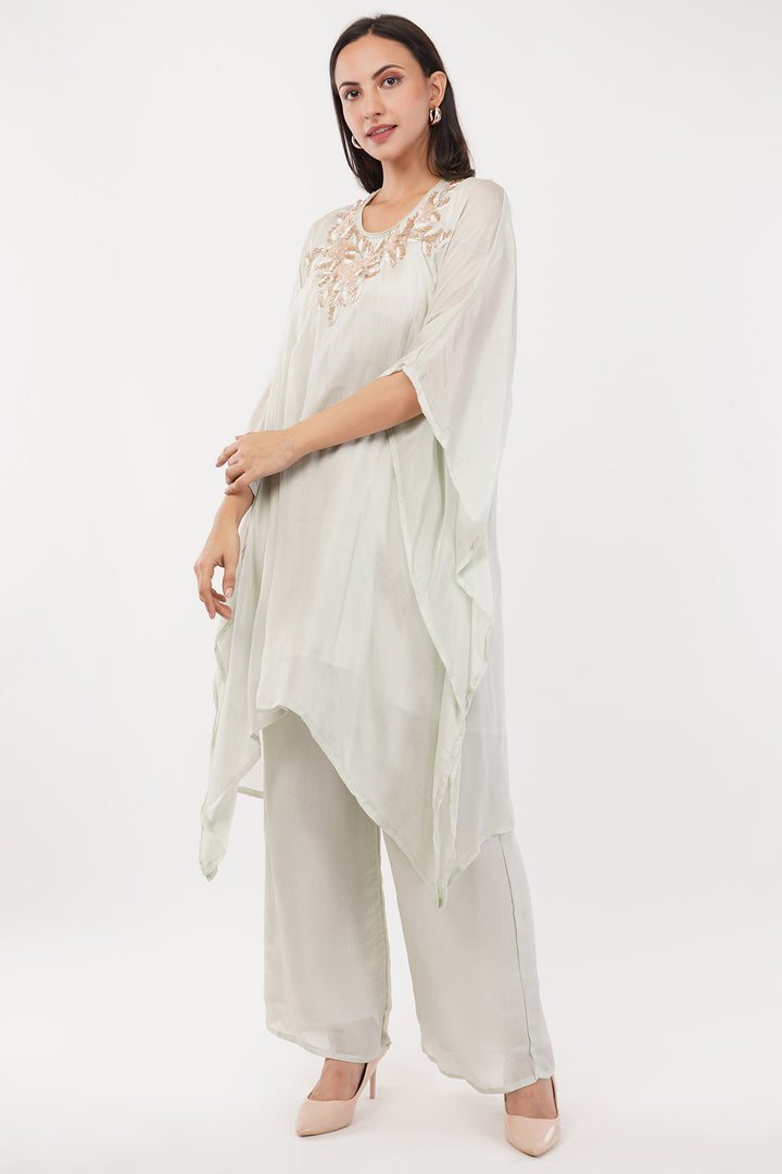 Pastel Green chiffon kaftan pallazo with peach handwork