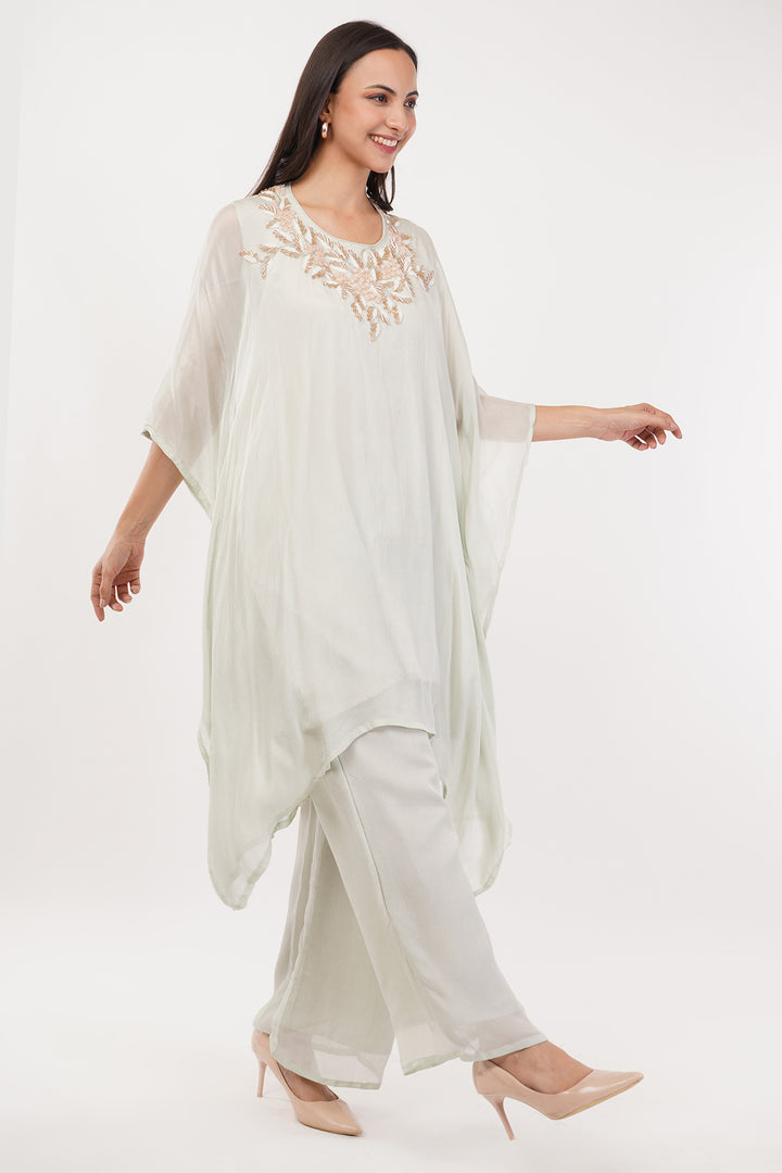 Pastel Green chiffon kaftan pallazo with peach handwork