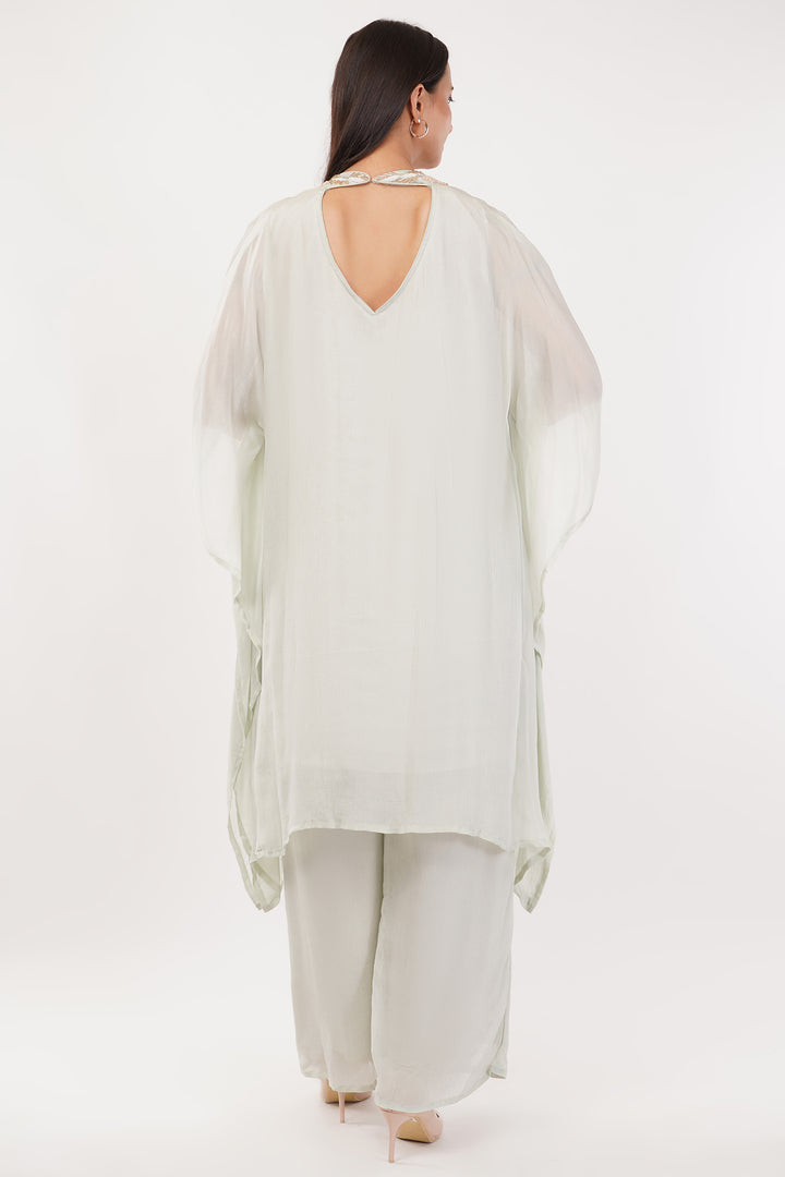 Pastel Green chiffon kaftan pallazo with peach handwork