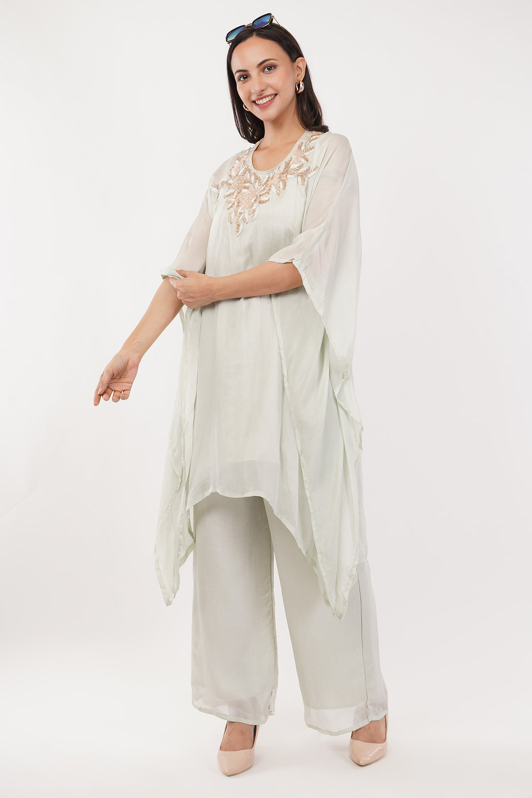 Pastel Green chiffon kaftan pallazo with peach handwork