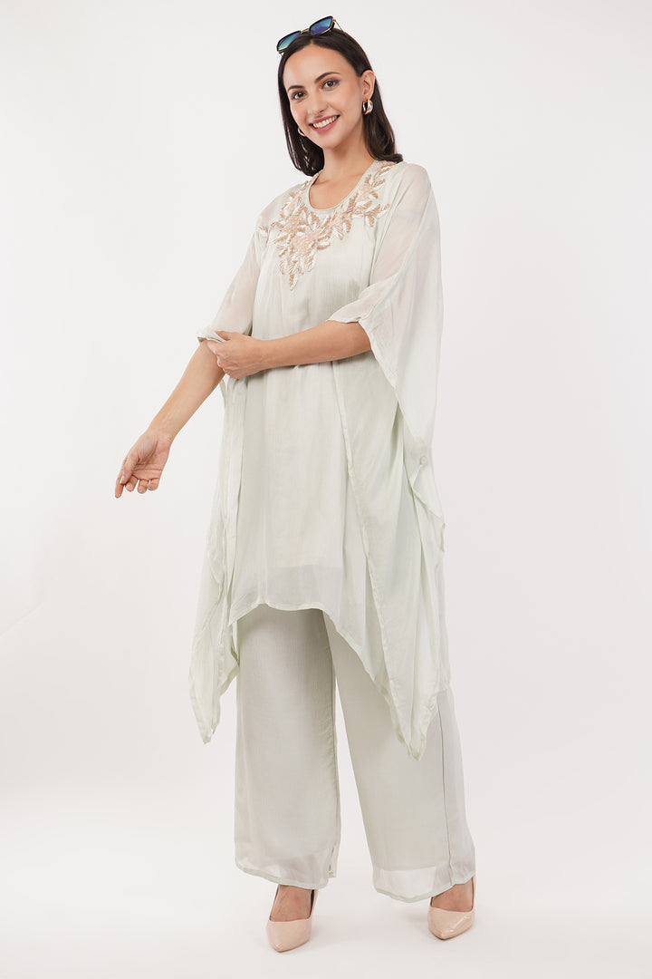Pastel Green chiffon kaftan pallazo with peach handwork