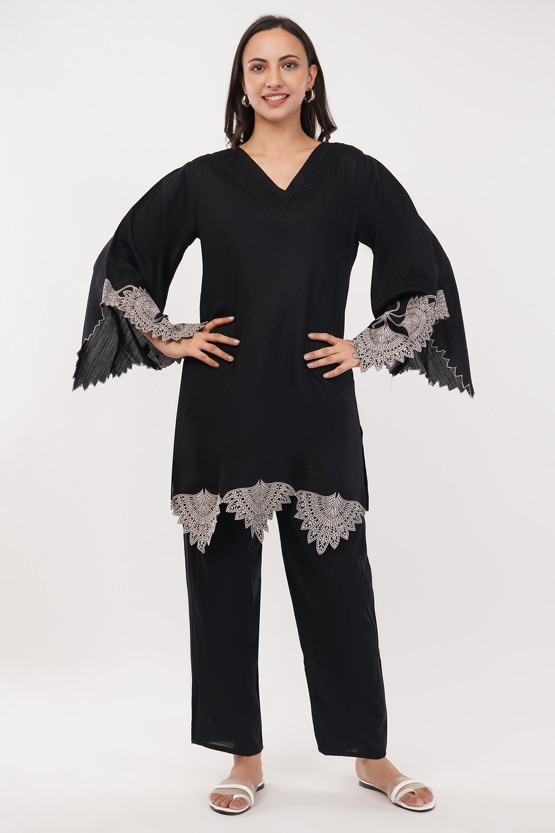 Organza black cord set with cutwork