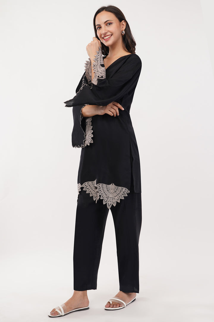 Organza black cord set with cutwork