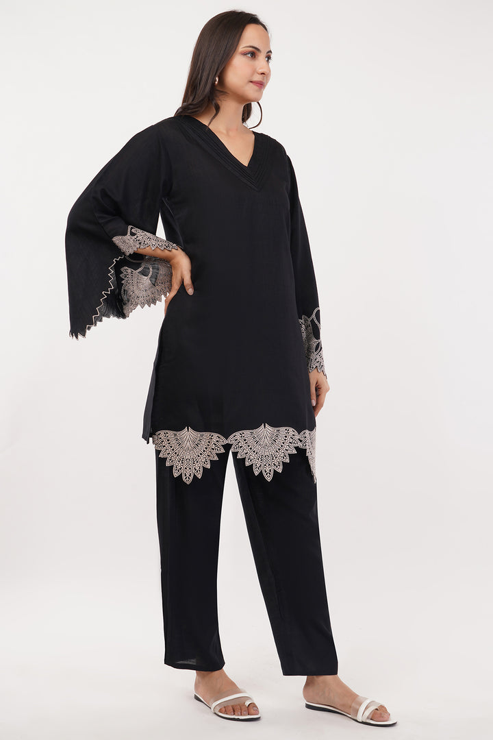 Organza black cord set with cutwork