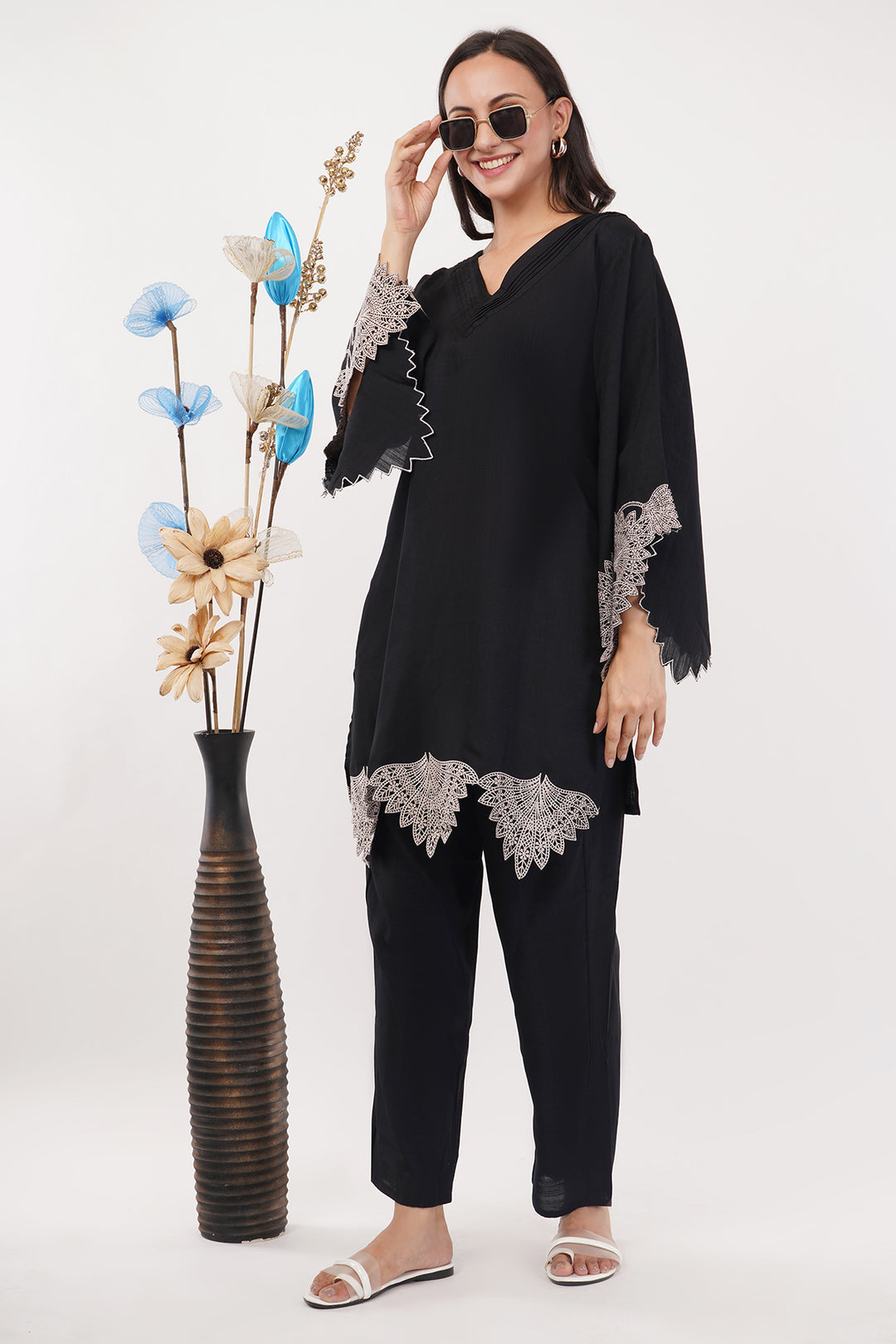 Organza black cord set with cutwork