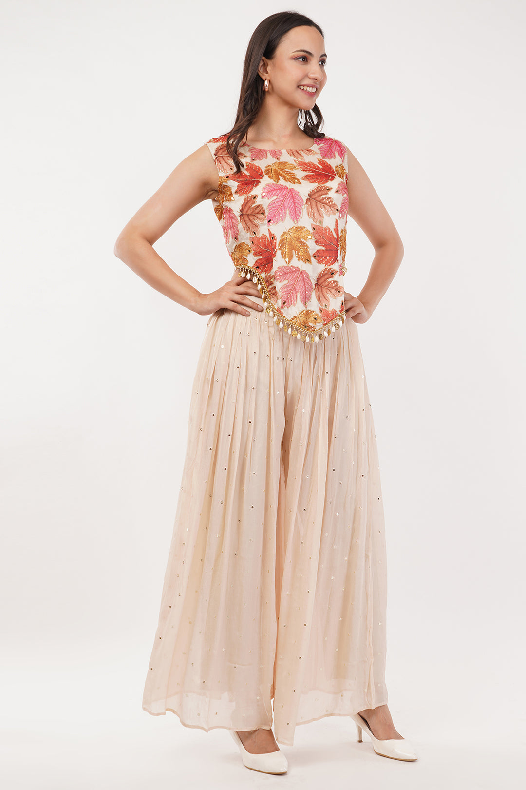 Crepe corsette pallazo set with dupatta and attached sleves and handwork
