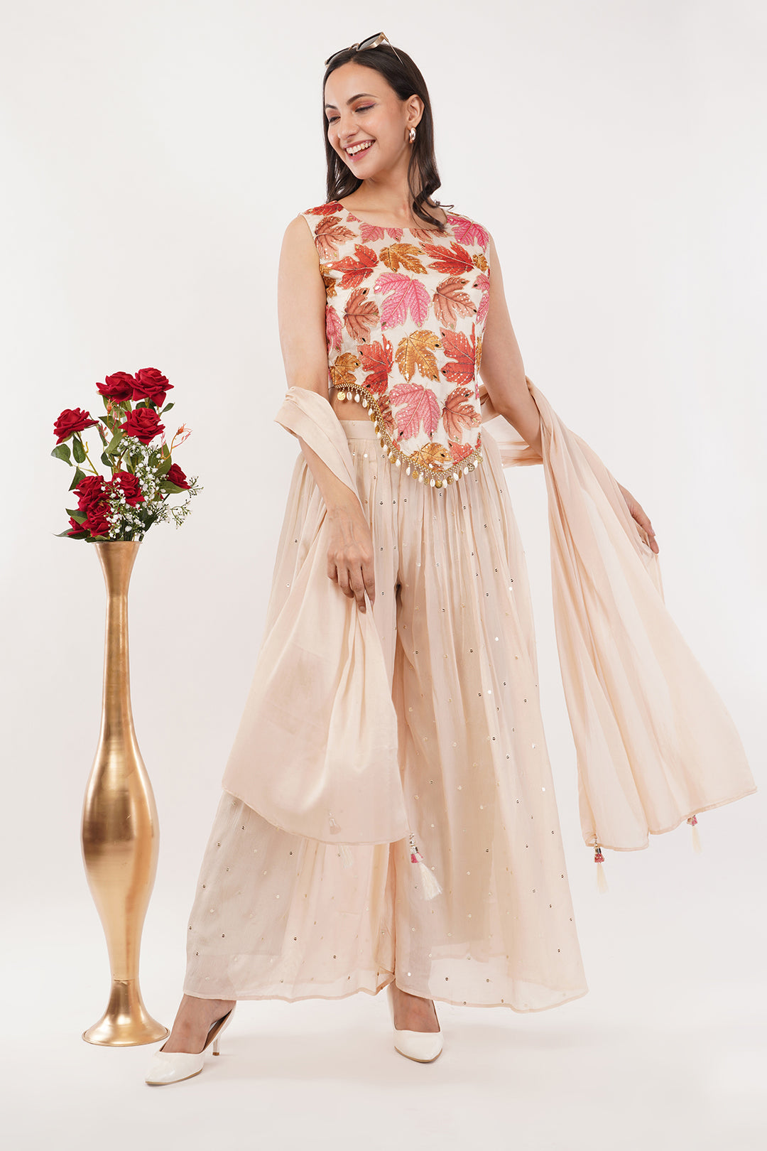 Crepe corsette pallazo set with dupatta and attached sleves and handwork