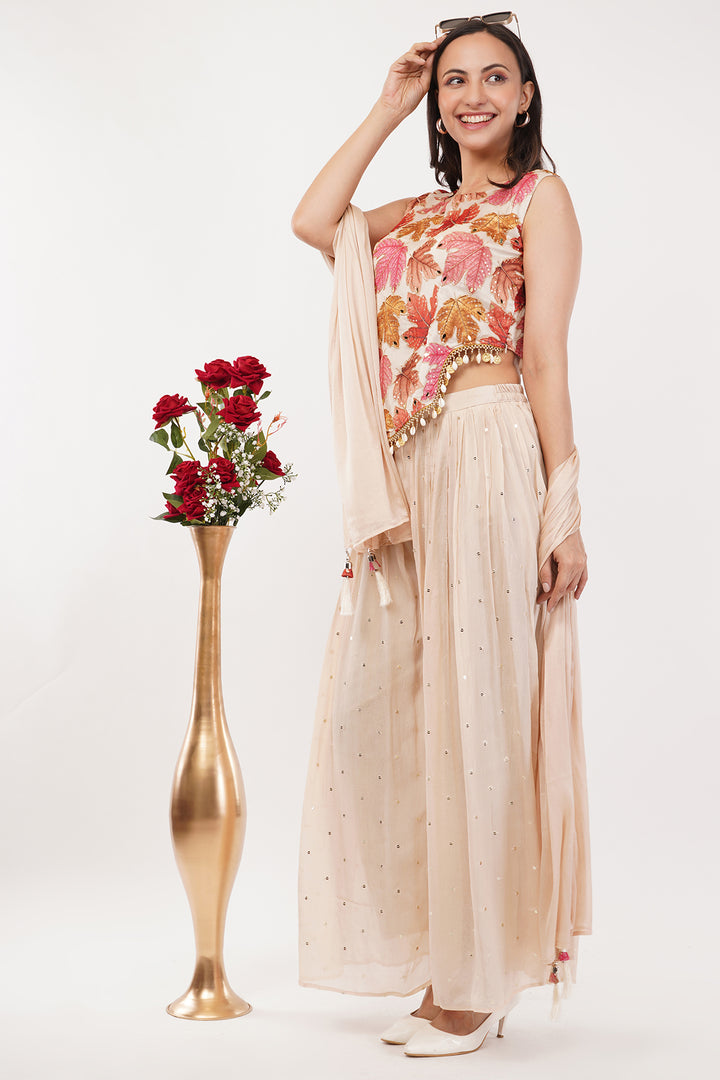 Crepe corsette pallazo set with dupatta and attached sleves and handwork