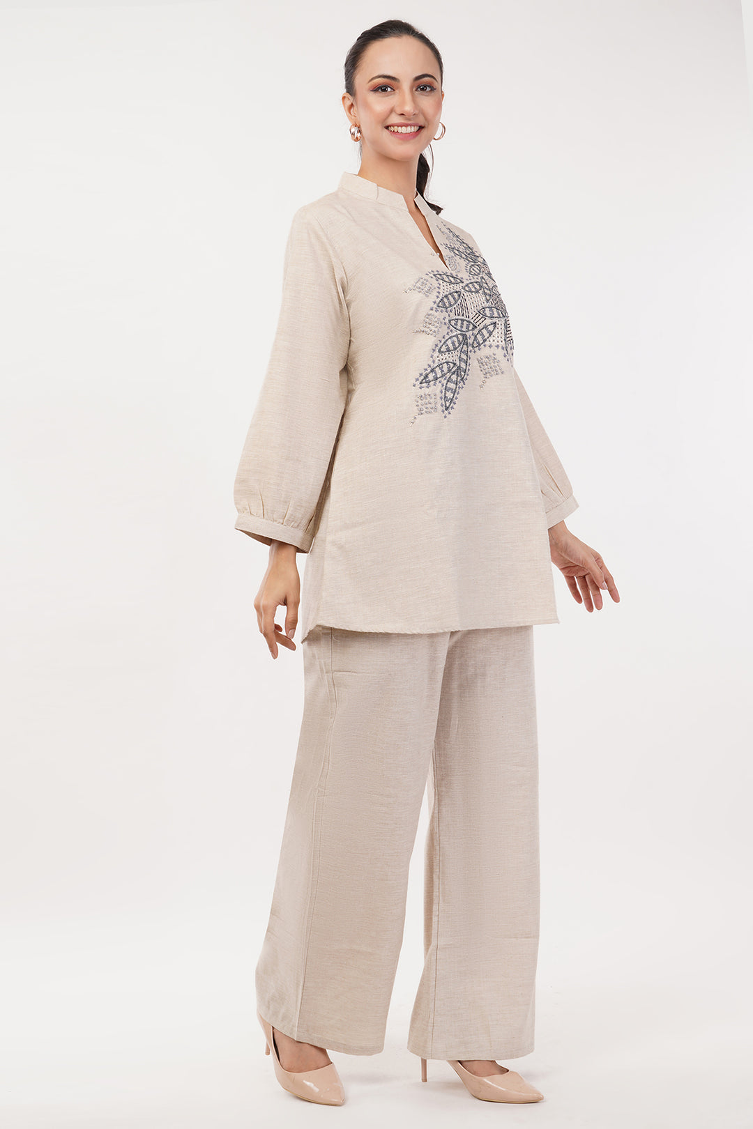 High end pure Linen cord set with grey french knots