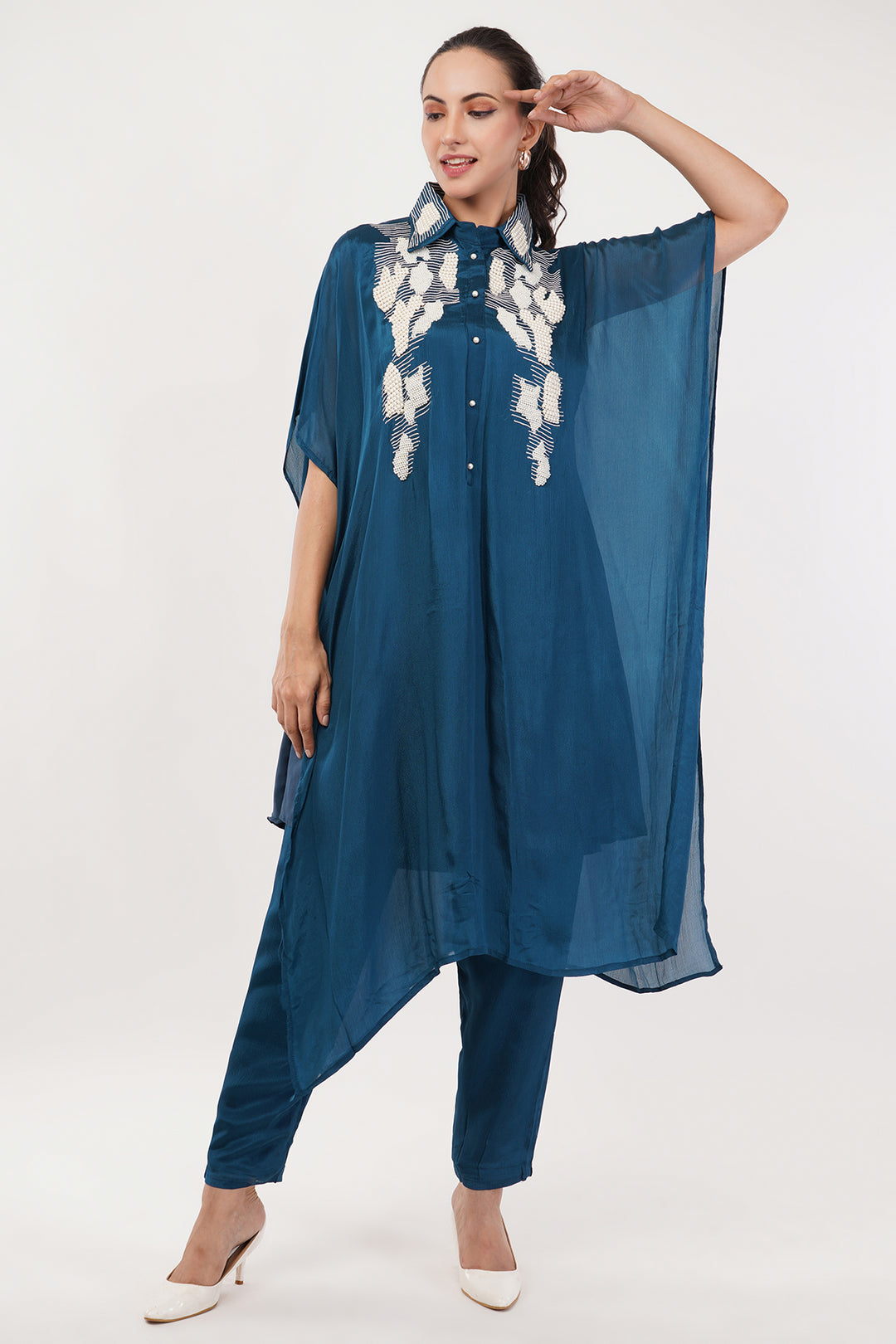 Peakok chinnon crepe kaftan pants set with white pearls